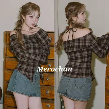 다리치 홀터 오프숄더 체크 셔츠 브라운 새상품급