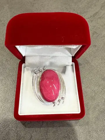 핑크 오벌 스톤 실버 브로치