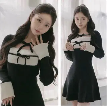 다리치 리본 퍼 플레어 니트 미니 원피스 FL BLK