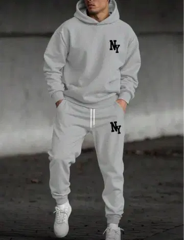 그레이 NY 로고 후드 부착 맨투맨 세트