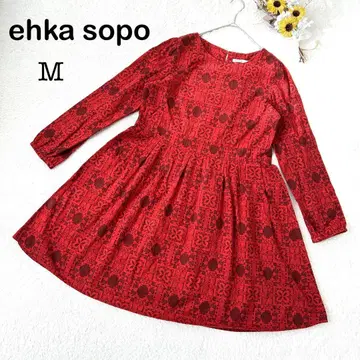 [ ehka sopo ] 플레어 원피스 올 패턴 긴팔 레드 M