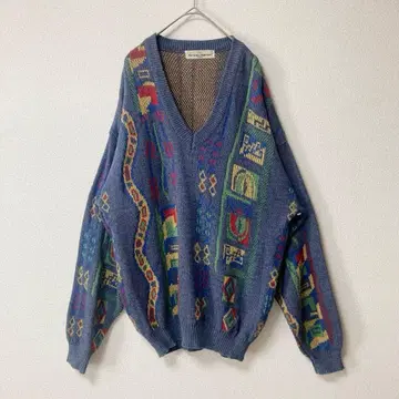 자수 네이티브 무늬 기하학 패턴 니트 파랑 레트로 구제 의류 빈티지