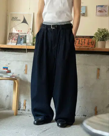 BONBONSTORE 와이드 턱 데님 팬츠