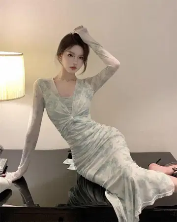 미사용 새상품 여성용 원피스 그린 롱 드레스 시어 파티 드레스