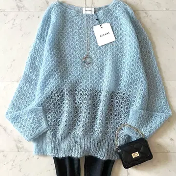 택 포함 미사용 아다와스 모헤어 혼방 시스루 니트 F 블루 긴팔 크루넥