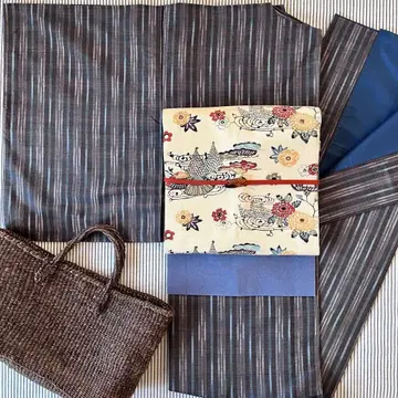 기모노 그레이 계열 격자 원근법으로 줄무늬 이중 기모노 순수 실크