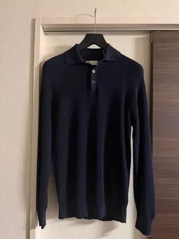 새상품! 브루넬로쿠치넬리 피케 셔츠풍 니트 리브 편직 네이비 48