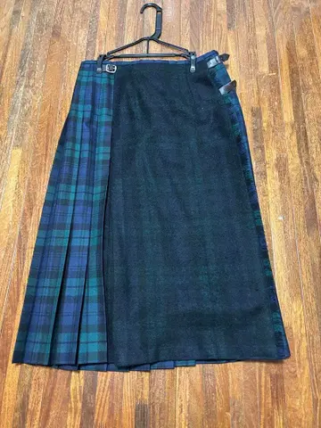 네이비 그린 체크 플리츠 랩 스커트