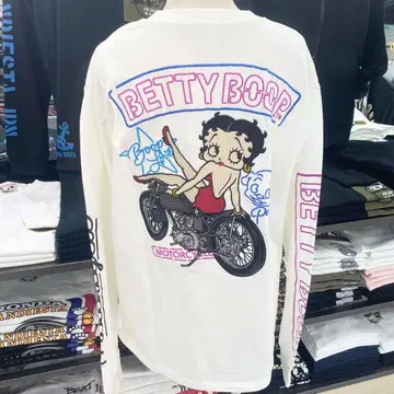 (54)BETTY BOOP 바이크 디자인 롱 T셔츠 화이트