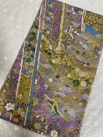후쿠로 오비 보라색 그린 실크 파도 무늬 꽃무늬 새
