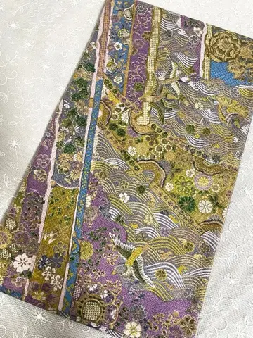 후쿠로 오비 보라색 그린 실크 파도 무늬 꽃무늬 새