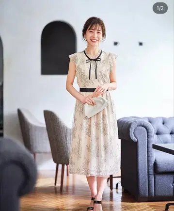 tocco closet 리본 포함 프릴 플라워 레이스 원피스 베이지