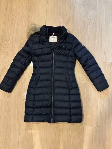 네이비 후드 부착 롱 다운 자켓