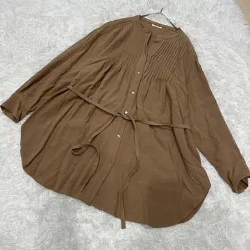 FRAY I.D 브라운 핀턱 튜닉 블라우스 긴팔 밴드 카라