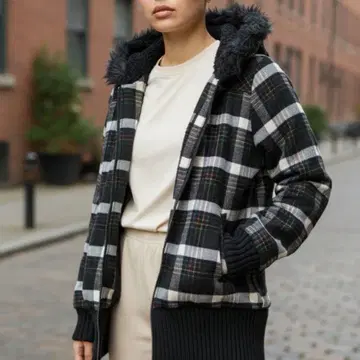 체크 무늬 퍼 후드 후드티 스트릿 y2k 롱 기장 블루종 코트