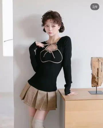 포인트 체크 니트 미니 원피스