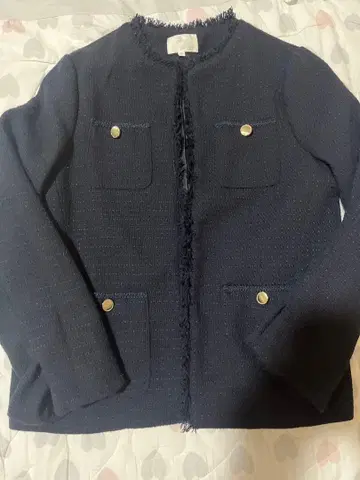 [ 새상품급 ] grove 프린지 트위드 자켓 노카라 골드 버튼 네이비