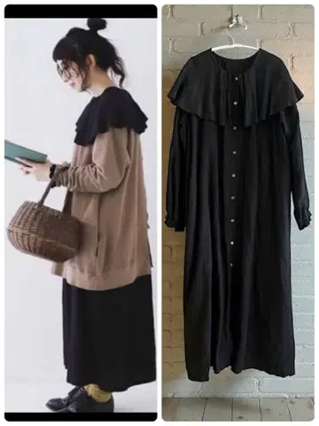 컨디션 최상 nest Robe 린넨 오미자라 케이프 칼라 원피스 블랙