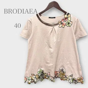 브로디아 꽃무늬 모티브 티셔츠 반팔 핑크 베이지 L 봄/여름