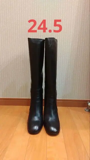 블랙 가죽 롱 부츠 하이힐