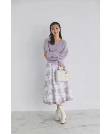 플라워 프린트 x 무지 리버서블 플레어 스커트 핑크