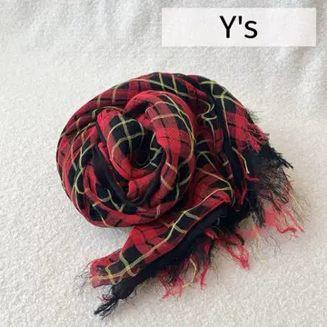 Y's 체크 무늬 프린지 스톨 빨간색 머플러 와이즈 실크
