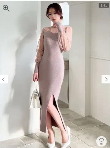 RESEXXY 소매 레이스 슬릿 니트 원피스