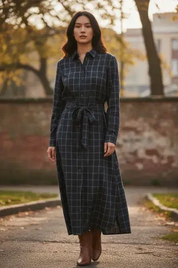 NEWYORKER 체크 무늬 롱 셔츠 원피스