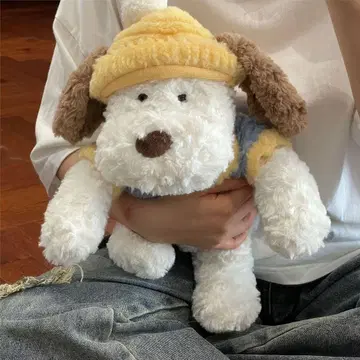 강아지 봉제 인형 옐로우 컬러 모자 포함
