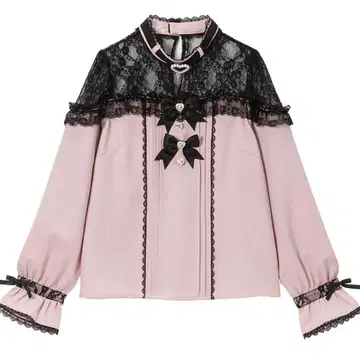 디어마이러브 하트 비슈 리본 오프숄더풍 레이스 블라우스 핑크