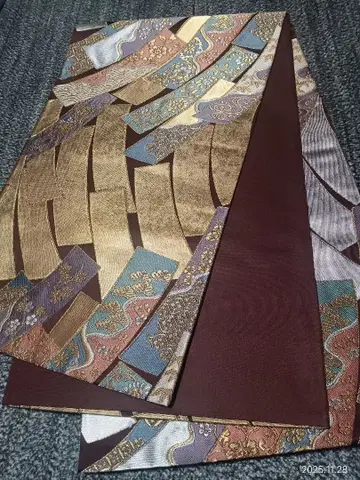 당직 후쿠로 오비 육통 수금 단책 문양 금은사 순수 실크