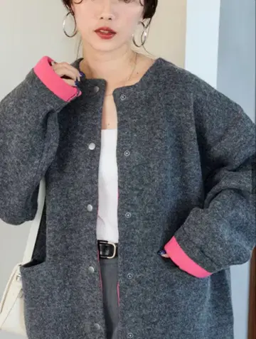 그레이/핑크 오버 사이즈 니트 가디건