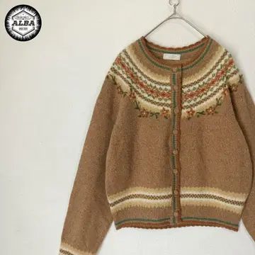 [새상품급] 가디건 니트 꽃무늬 자수 에스닉 패턴 울 레트로 브라운
