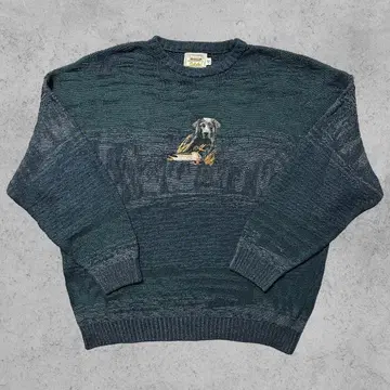 90s 터키산 애니멀 헌팅 니트 스웨터 개 오리 그린 2XL