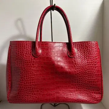 천연 가죽 빅 레드 크로커다일풍 토트백