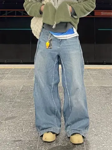 당일 발송 새상품 배기 데님 와이드 팬츠 Y2K 와이드 레그 라이트 블루