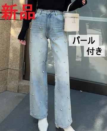새상품 데님 펄 장식 스트레이트
