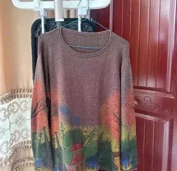 풍경화 프린트 브라운 니트 스웨터 긴팔