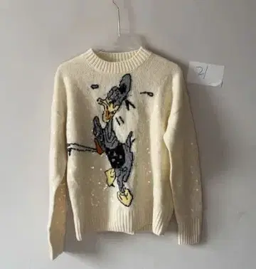 덕 캐릭터 니트 스웨터 긴팔 크림색
