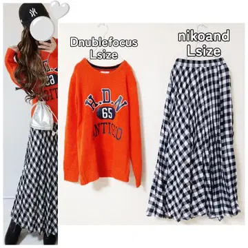 코디 세트 로고 니트 체크 무늬 스커트