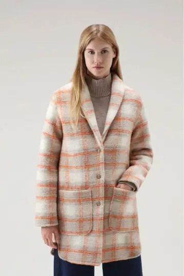 울 리치 오렌지 체크 코트