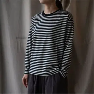 실과 색 요코시마 양모 T셔츠 롱 슬리브 시로쿠로