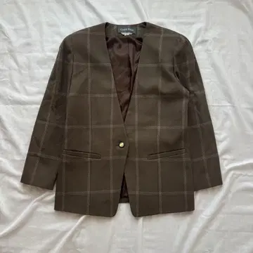 00s 빈티지 노카라 자켓 블록 체크 브라운