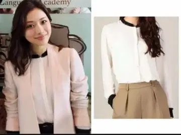 [ 새상품급 ] ANAYI 쉬폰 화이트 셔츠 블랙 카라 부착