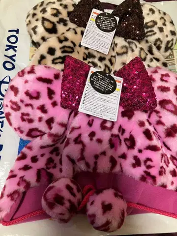 미키 귀 달린 퍼 캡 (핑크 브라운 레오파드 무늬)