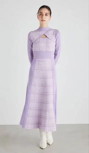 rienda 2WAY LONG SLV 하운드투스 체크 패턴 플레어 원피스