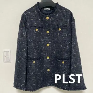 PLST 네이비 트위드 노카라 자켓