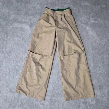 베이지 와이드 팬츠 그린 밴딩