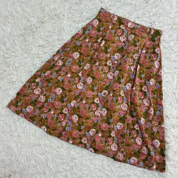 꽃무늬 플레어 스커트 앞 버튼 레트로 빈티지 벨트 루프 포함