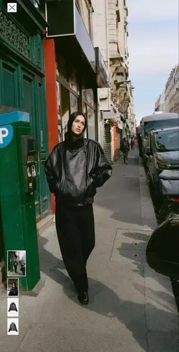 오버 사이즈 후드 부착 가죽 자켓 블랙